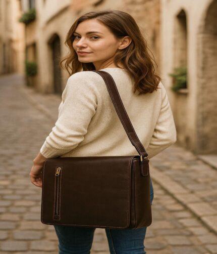 Italian full-grain leather messenger bag with multiple pockets, adjustable shoulder strap, and secure clasp closure for office, travel, and daily use