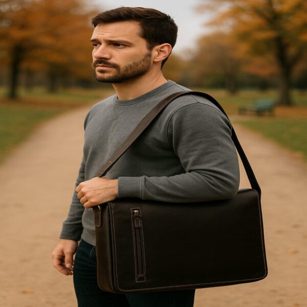 A bearded man in a gray sweater carries a dark brown leather messenger bag outdoors.