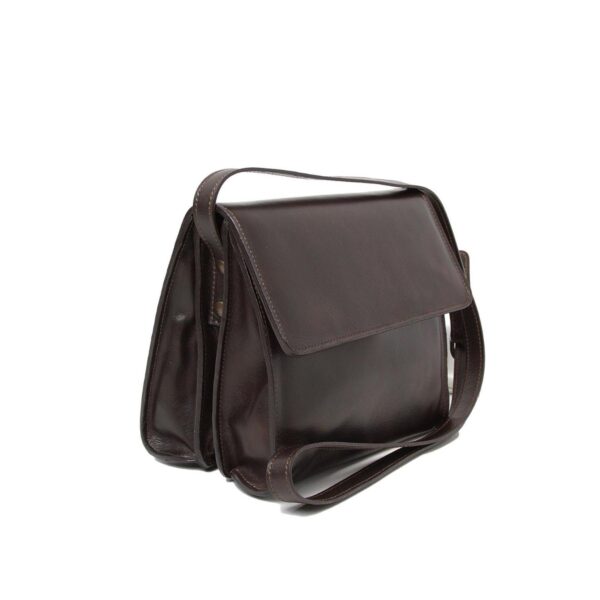 A three-quarter side view of a **brown leather messenger bag** with a fold-over flap. The bag features a multi-compartment accordion design, a matching leather shoulder strap, and brass-toned hardware, set against a clean white background.