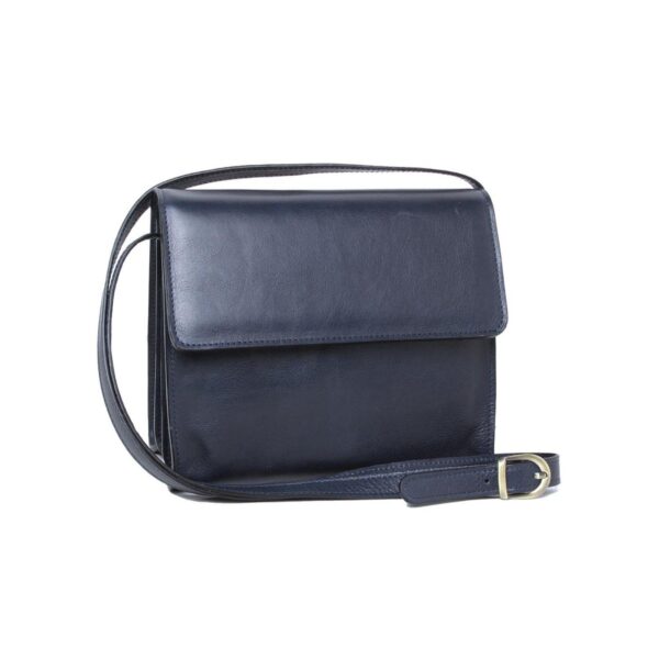 A front-facing view of a navy blue leather messenger bag with a minimalist design, featuring a rectangular fold-over flap and a matching adjustable leather shoulder strap with a brass buckle, set against a white background.