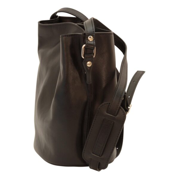 A black leather bucket-style shoulder bag with a slouchy design, featuring a thick adjustable strap with a shoulder pad and silver-toned metal hardware.