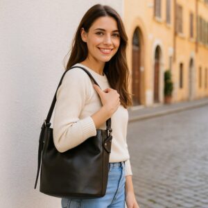 Timeless Italian leather shoulder satchel – spacious, handcrafted, adjustable strap, magnetic closure, and organized compartments