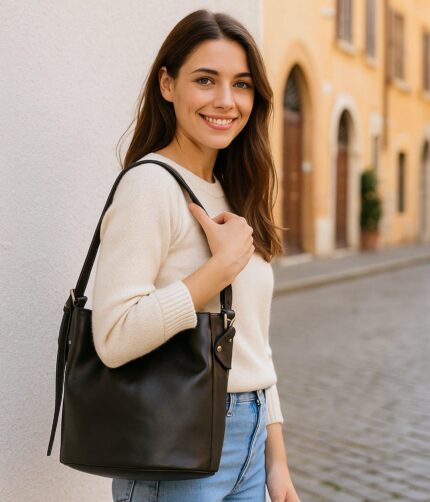 Timeless Italian leather shoulder satchel – spacious, handcrafted, adjustable strap, magnetic closure, and organized compartments
