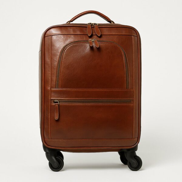 A straight-on, front-facing view of a premium **brown leather carry-on suitcase** with four black spinner wheels. The design features a smooth, polished leather finish, a sturdy top handle, and three distinct **zippered exterior compartments** for organized storage, set against a clean white background.