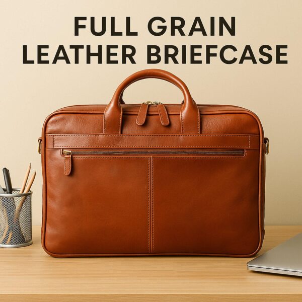 A front-facing view of a brown leather briefcase on a light wood desk, featuring a zippered front pocket and top handles, with a pencil cup and laptop edge visible and the text "FULL GRAIN LEATHER BRIEFCASE" above.