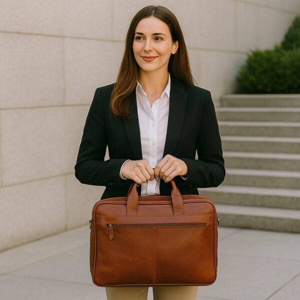 A professional woman in a black blazer and white shirt stands outdoors, holding a brown leather briefcase with both hands in front of her, with stone stairs and a building wall in the background.
