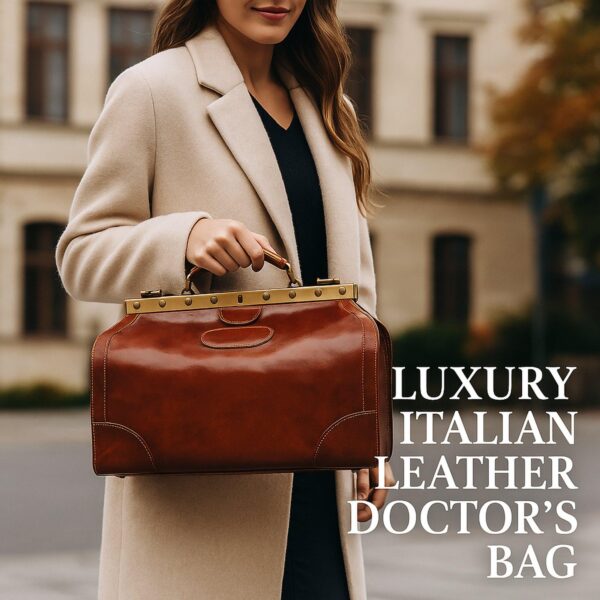 Lifestyle image of a woman in a beige coat carrying a luxury Italian leather doctor's bag in an elegant outdoor setting