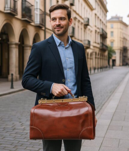 Vintage full grain leather duffel bag with hinge opening