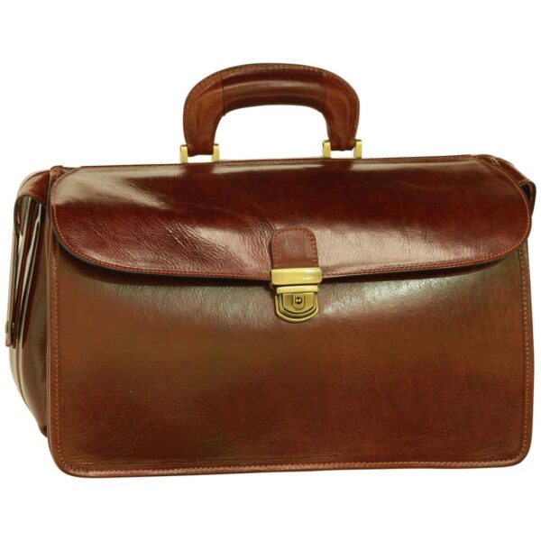 A front view of a closed brown leather doctor's bag, featuring a large front flap with a brass tuck-lock clasp, a sturdy reinforced top handle, and a glossy finish, isolated on a white background.
