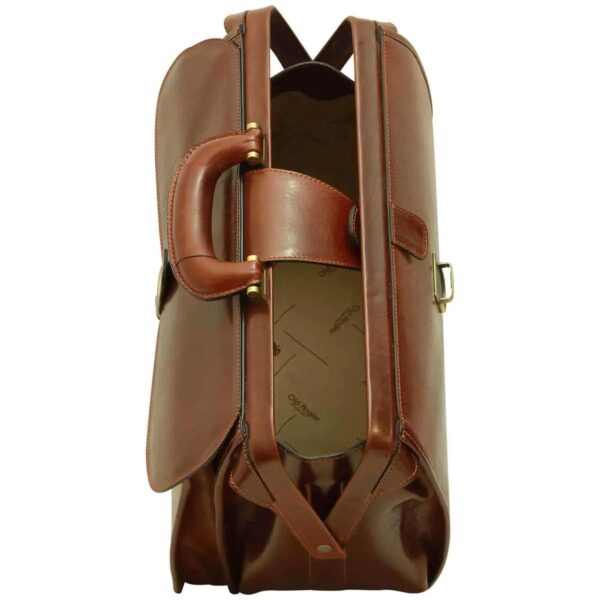 Top-down view of an open brown leather doctor's bag, showcasing the wide-gaping hinged frame, a branded fabric lining with the "Old Angler" logo, and a sturdy reinforced handle, isolated on a white background.