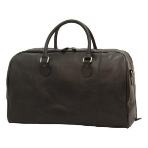 Front view of a structured dark brown leather duffel bag with rolled top handles and silver-tone hardware accents.