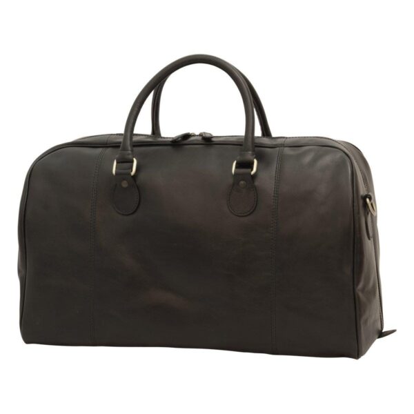 Front view of a structured dark brown leather duffel bag with rolled top handles and silver-tone hardware accents.
