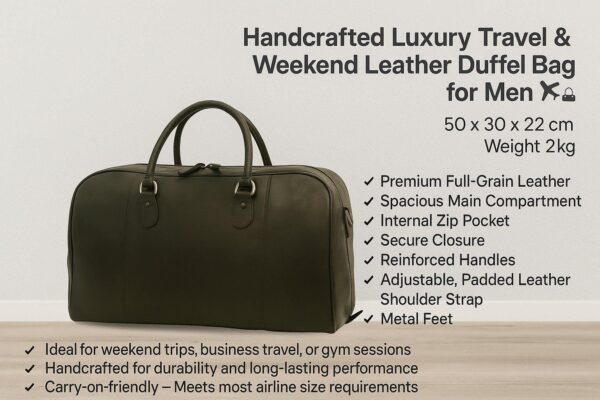 An infographic for a handcrafted luxury leather duffel bag for men, featuring a large image of the dark olive-brown bag accompanied by a list of features including premium full-grain leather, metal feet, and dimensions of 50 x 30 x 22 cm.