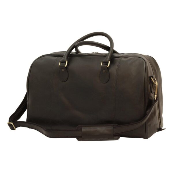 A three-quarter view of a dark brown leather duffel bag, featuring rolled leather top handles and an adjustable shoulder strap with a leather comfort pad and brass-tone hardware.