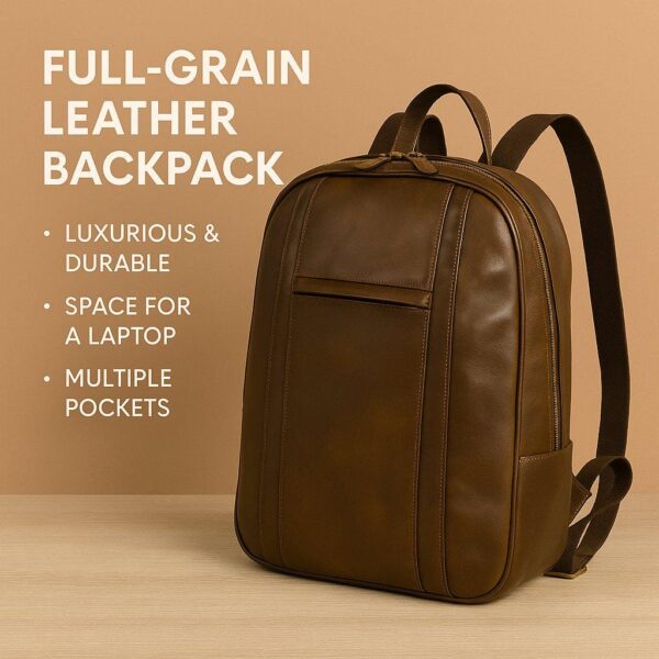 A brown full-grain leather backpack with a top handle and shoulder straps on a neutral background.