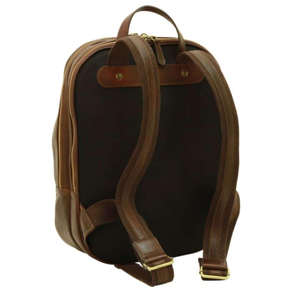 A rear-view shot of a brown leather backpack highlighting the comfort features. It shows a large, black breathable mesh back panel and wide, adjustable shoulder straps reinforced with leather and heavy-duty webbing, finished with brass-tone buckles.