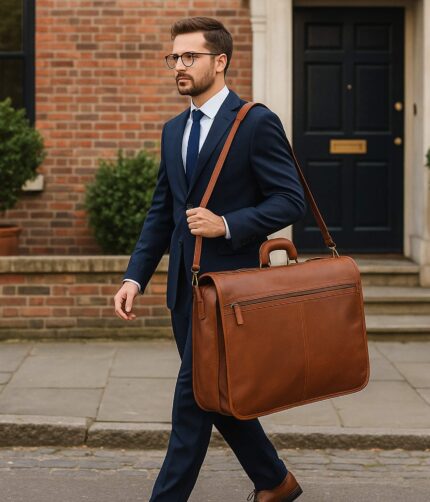 Full Grain Leather Garment Weekender – Front View Full Grain Leather Garment Weekender – Interior Compartments