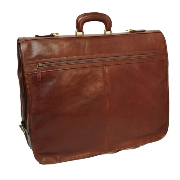 A front view of the **brown leather garment bag** folded into its carrying position, resembling a large briefcase. It features a sturdy **top handle**, a full-width horizontal **zippered pocket** on the front, and elegant brass-toned hardware.