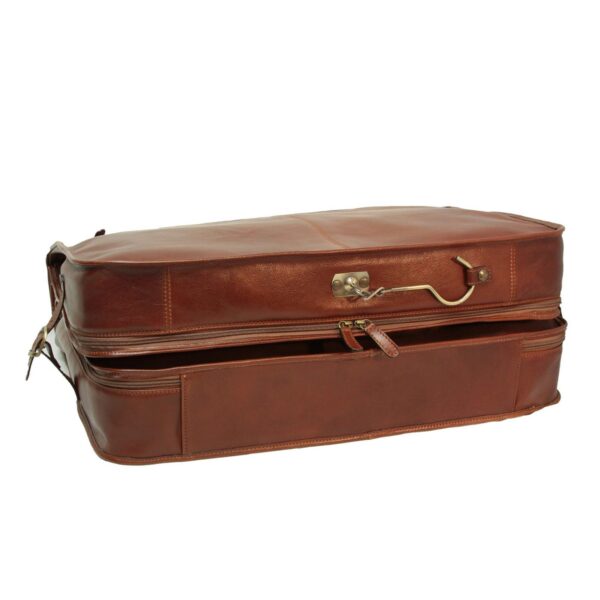 A brown leather garment bag is shown partially unzipped on a white background, featuring a brass hanging hook secured to its side.