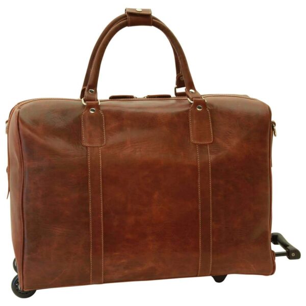 A rear view of a cognac leather rolling duffel bag, showing two wheels at the base, a partially extended telescopic handle, and dual top handles with a leather closure.