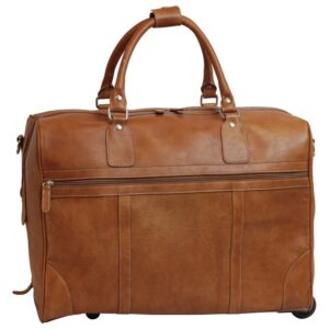 Front view of a light tan leather rolling duffel bag, featuring padded top handles, a large horizontal zippered front pocket, and visible wheels at the base.