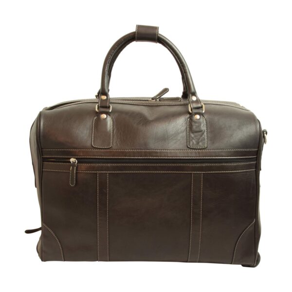 Front view of a dark brown leather rolling duffel bag, featuring padded top handles, white contrast stitching, and a horizontal zippered front compartment.