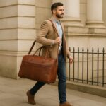 Men’s Buffalo Leather Travel Duffel Bag – Front View Men’s Buffalo Leather Travel Duffel Bag – Interior Compartment