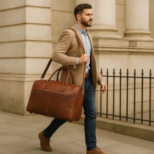 Men’s Buffalo Leather Travel Duffel Bag – Front View Men’s Buffalo Leather Travel Duffel Bag – Interior Compartment