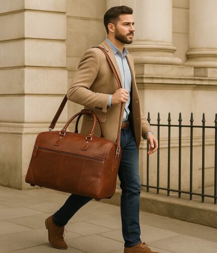 Men’s Buffalo Leather Travel Duffel Bag – Front View Men’s Buffalo Leather Travel Duffel Bag – Interior Compartment