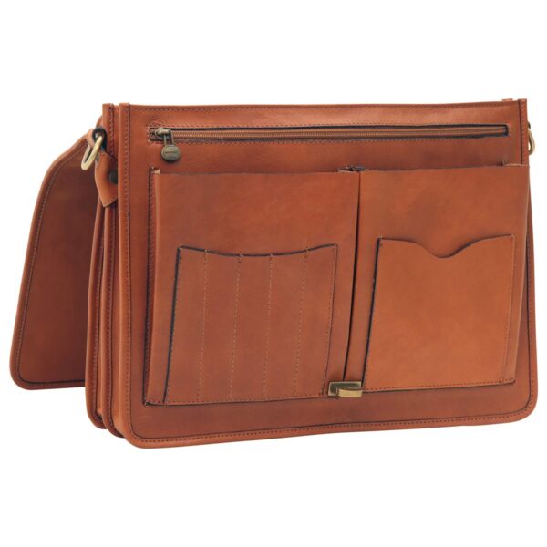 Front view of an open tan leather briefcase showing an organized front panel with pen holders, slip pockets, and a zippered compartment