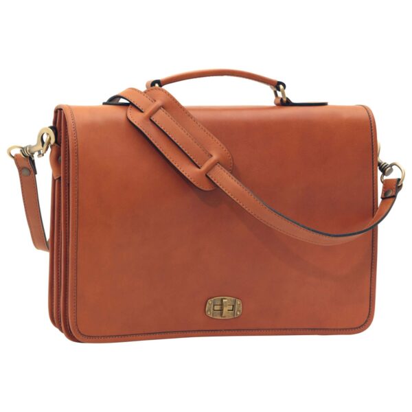 Front view of a tan leather briefcase with a top handle, adjustable shoulder strap, and brass twist-lock closure