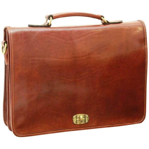 Front view of a glossy reddish-brown leather briefcase with a top handle and a brass twist-lock closure