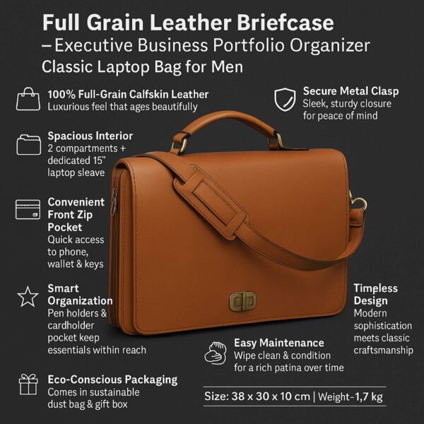 Product infographic for a tan full-grain leather briefcase, highlighting features such as a 15" laptop sleeve, secure metal clasp, and dimensions of 38 x 30 x 10 cm