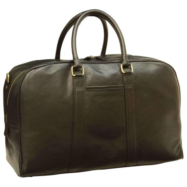 A front-facing view of a dark brown pebbled leather duffel bag with gold-toned metal hardware. The bag features two rounded top handles attached with rectangular rings, vertical leather reinforcement straps, and a small external slip pocket on the front. It is shown against a plain white background.