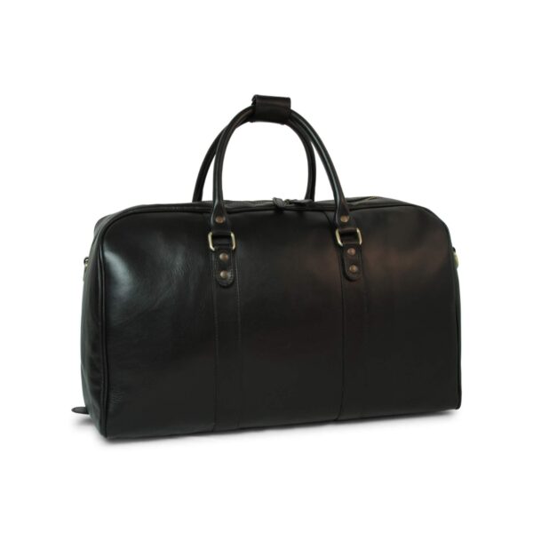 Black leather weekender duffle bag with double rolled top handles, antique brass studs and hardware, reinforced strap details, and a top zipper closure, shown from a side angle on a white background