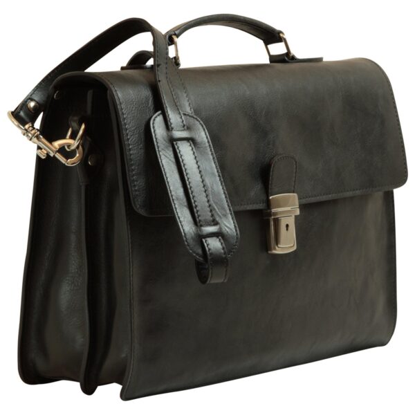 Three-quarter view of a black leather briefcase featuring a top handle, a silver tuck-lock clasp, and a padded shoulder strap