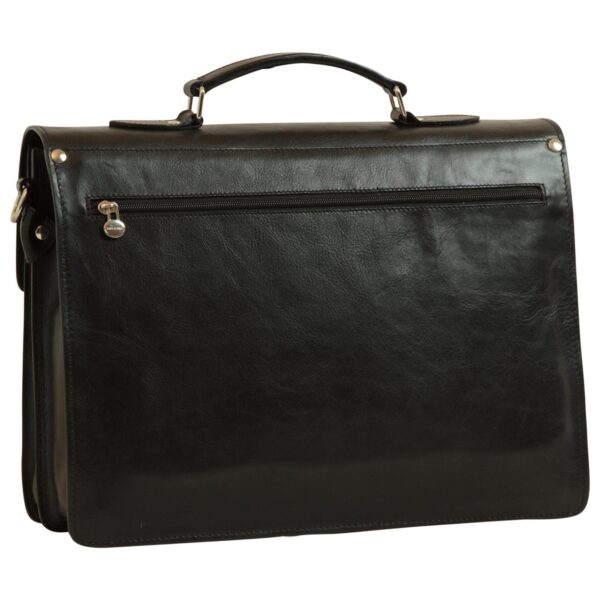 Rear view of a black leather briefcase featuring a sturdy top handle, silver-tone rivets, and a wide horizontal zippered back pocket with a circular metal puller.