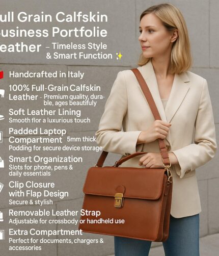 Luxury Full-Grain Leather Briefcase – Handmade Italian laptop bag with shoulder strap for business and daily carry