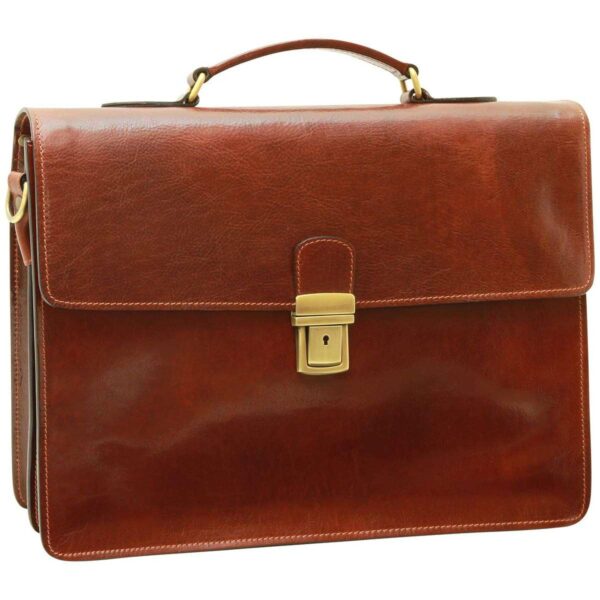 Front view of a polished dark tan leather briefcase featuring a large rectangular flap, a slim top handle with brass D-rings, and a centered brass tuck-lock closure with a keyhole.
