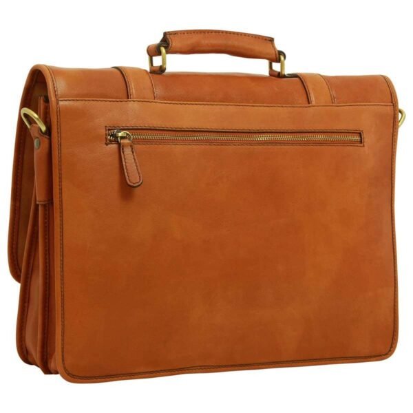 The back of the tan leather messenger bag, featuring a sturdy top handle and a horizontal zippered pocket. The bag is shown with its flap closed, highlighting its professional briefcase-style silhouette and brass-toned hardware.