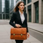 Luxury calfskin leather briefcase with shoulder strap for work and travel