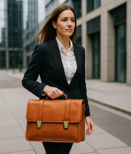 Luxury calfskin leather briefcase with shoulder strap for work and travel