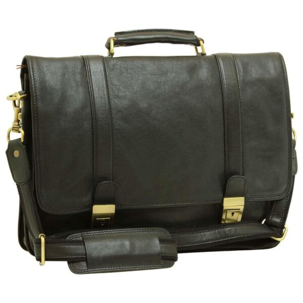 A professional dark brown, almost black, leather briefcase presented in a three-quarter view. The design features a structured top handle, two vertical leather straps extending from the flap to brass-toned tuck-lock clasps, and a matching adjustable shoulder strap with a padded leather section. The bag is shown against a plain white background, highlighting its polished finish and classic silhouette.