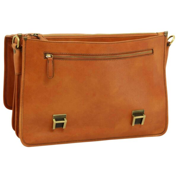 A tan leather messenger bag with multiple compartments, featuring a front zippered pocket and two gold-toned square metal clasps at the bottom.