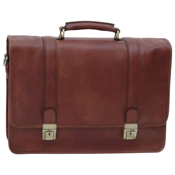 A classic dark brown leather briefcase shown from the front with the main flap closed. It features a professional, structured design with a sturdy top handle attached by brass-toned rings and two vertical leather straps that lead down to antique-style metal tuck-lock clasps with keyholes.
