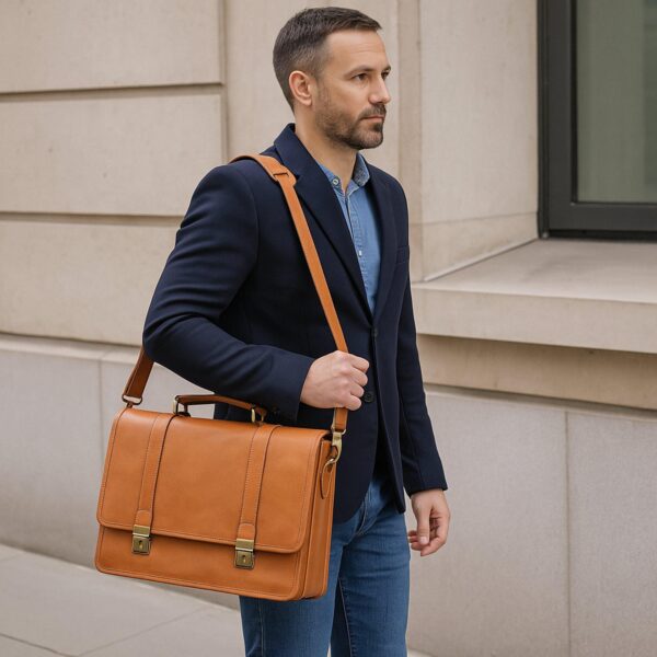 A man in a navy blazer and denim shirt walking outdoors, carrying a tan full-grain leather messenger bag over his shoulder. The bag features antique brass clasps and a structured design, held by a matching padded shoulder strap.
