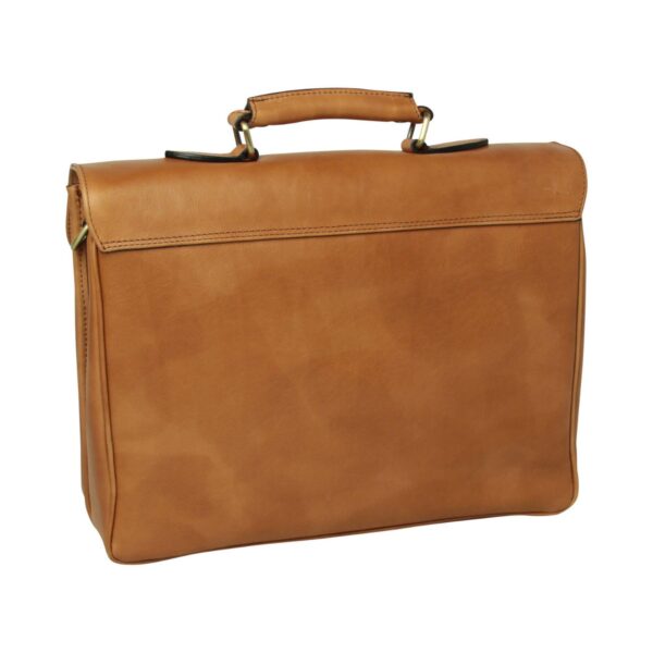 The back view of a tan leather briefcase, showing a sturdy top handle attached with brass rings and a large rear compartment with a horizontal stitched seam.