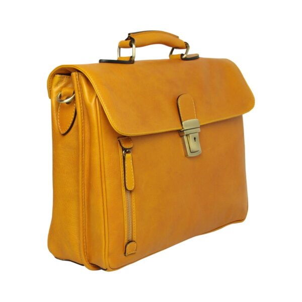 A mustard yellow leather briefcase with a top handle and a brass tuck-lock clasp, featuring a vertical zippered pocket on the front.