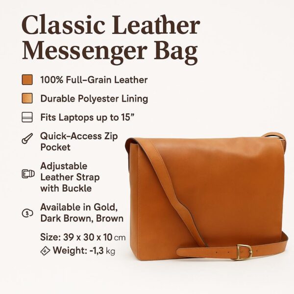 An informational graphic for a "Classic Leather Messenger Bag" featuring a tan leather bag and a list of specifications: 100% full-grain leather, durable polyester lining, fits laptops up to 15”, quick-access zip pocket, and an adjustable leather strap with a buckle. The text also notes availability in Gold, Dark Brown, and Brown, with a size of 39 x 30 x 10 cm and a weight of approximately 1.3 kg.