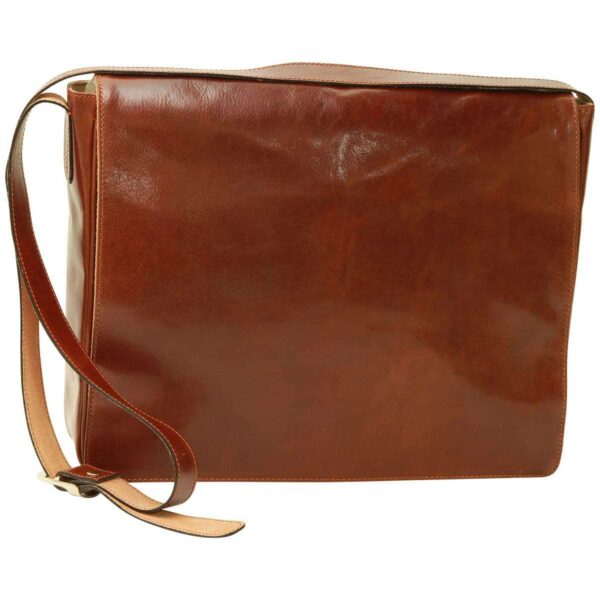 A high-gloss, reddish-brown leather messenger bag featuring a full front flap closure, a structured rectangular shape, and a matching adjustable leather shoulder strap against a white background.